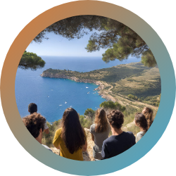 Students exploring the coastline of Syracuse, Sicily, with a view of the ancient buildings and historical landmarks along the Mediterranean shoreline.